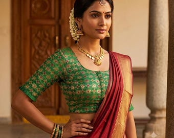 Green Brocade Saree Blouse: Frill Sleeves, Indian Designer Readymade