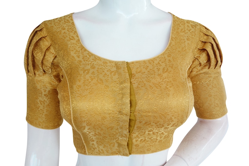 Gold Color Brocade Silk Readymade Saree Blouse with Puff Sleeves and Matching Mask