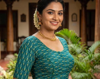 Summer Serenity: Teal Blue Color Cotton Printed Readymade Saree Blouse | USA,Princess cut