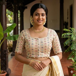 Blusa de sari em algodão khadi artesanal com bordado intrincado em linha | EUA, corte princesa