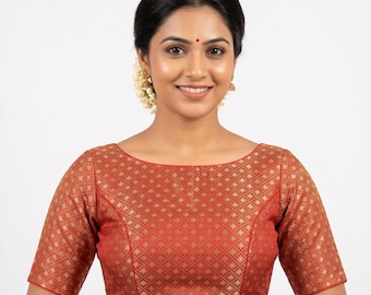 Red Brocade Silk Designer Saree Blouse, Boat Neck, Potli Button, Princess Cut