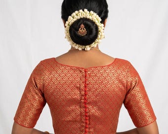 Red Brocade Silk Designer Saree Blouse, Boat Neck, Potli Button, Princess Cut