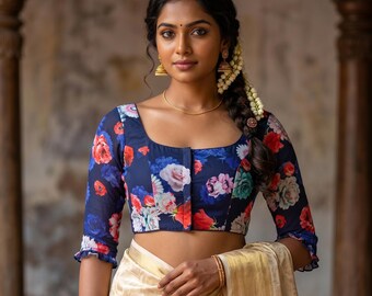 Floral Navy Blue Organza Blouse, Readymade Saree Top,princess Cut