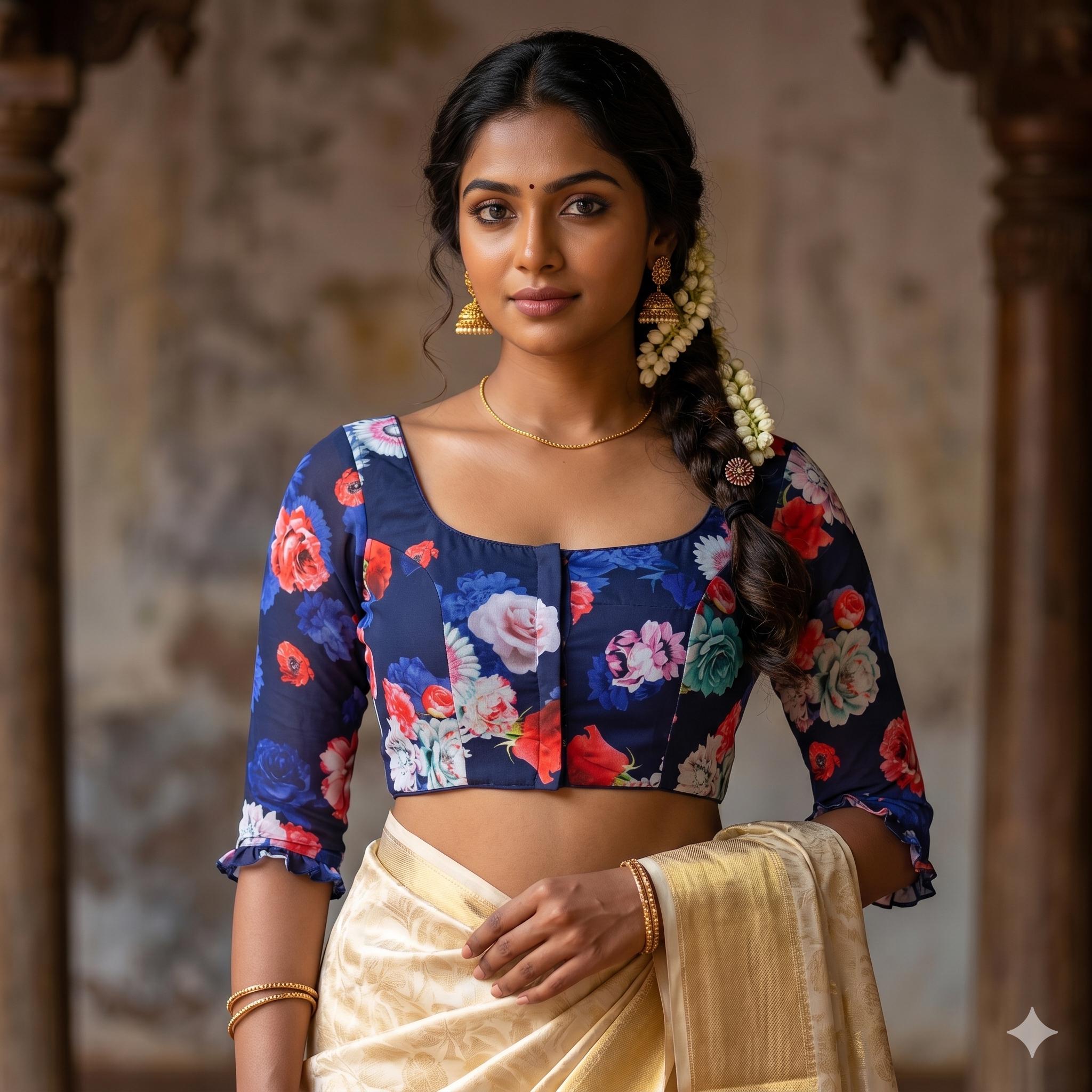 Floral Navy Blue Organza Blouse, Readymade Saree Top,princess Cut