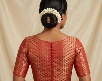 Red Brocade Silk Designer Saree Blouse, Boat Neck, Potli Button, Princess Cut