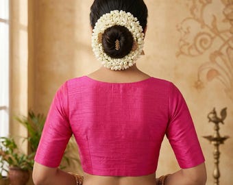 Semi-Silk Indian Saree Blouse: Boat Neck, Cotton Lined, Front Open,Princess cut