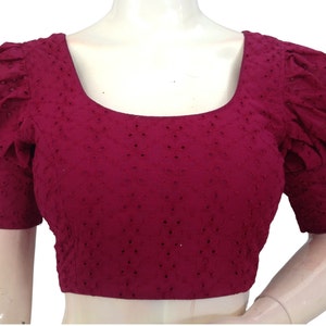 Wine Color Hakoba Cotton Puff Sleeve Trendy Readymade Blouse | USA