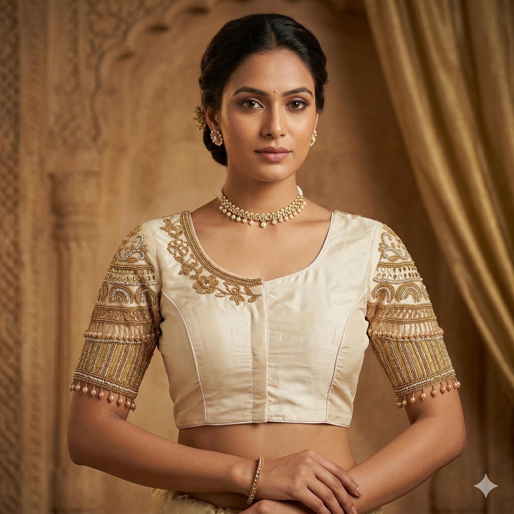 Traditional Off-white Color Aari Handwork Wedding Silk Saree