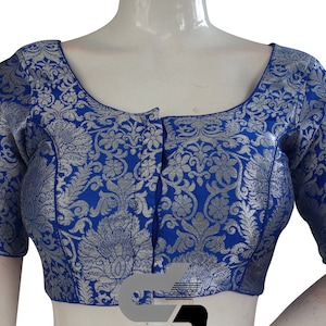 Royal Blue Color Silver Mix Banaras Brocade Silk Ready made Saree Blouse, Indian Ready made Blouse in USA