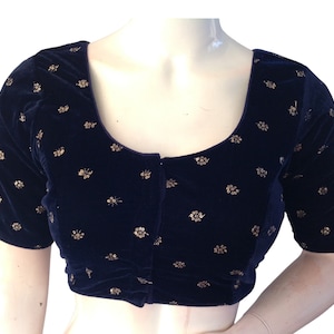 Navy Blue Velvet Readymade Saree Blouse, Indian Saree Choli top USA