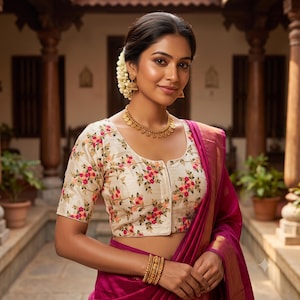 May include: A cream-coloured blouse with a floral pattern in pink, green, and orange, paired with a magenta saree featuring a gold border. The ensemble includes a gold coin necklace, gold bangles, and white jasmine flowers in the hair.
