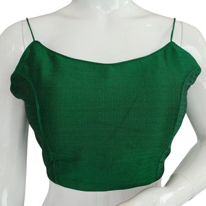 Green Color Plain Sleeveless Readymade Saree blouse with Spaghetti Strap, Indian Silk saree  Readymade blouse in USA