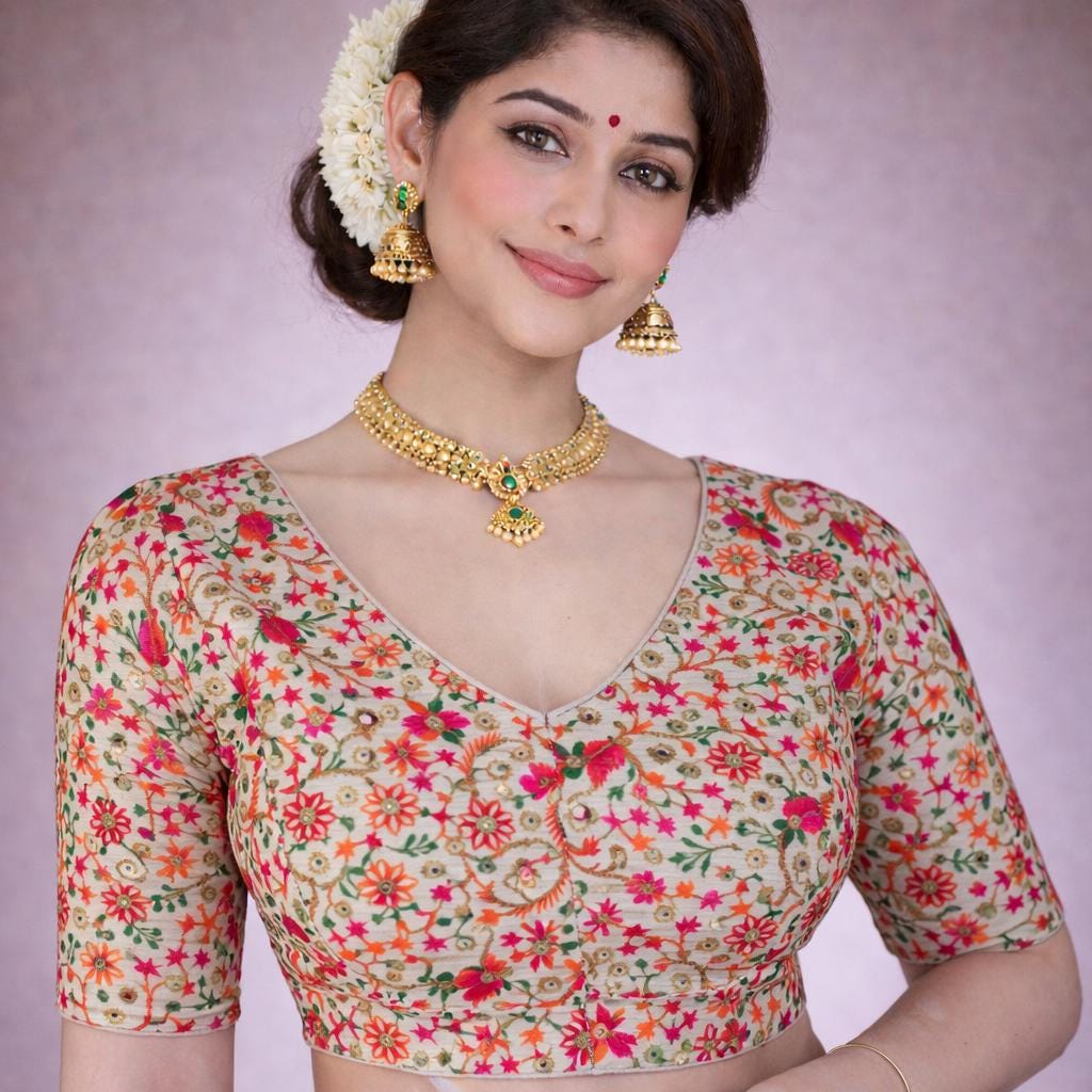 Floral Embroidery Saree Blouse: off White Semi Silk Readymade