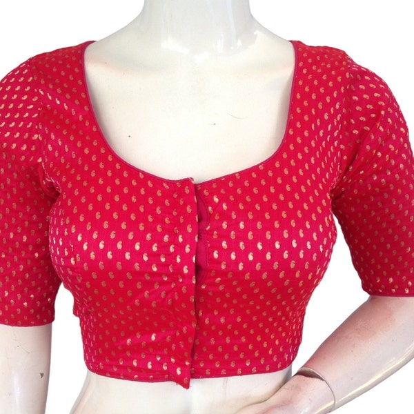 Pinkish Red Saree Blouse, Brocade Readymade Blouse, Saree Choli top USA, Plus size blouse