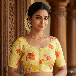 May include: A woman wearing a yellow floral blouse with a scoop neckline and short sleeves. The blouse features a pattern of orange and red flowers. She is also wearing gold jewelry, including a necklace and earrings. Her hair is styled up with flowers.