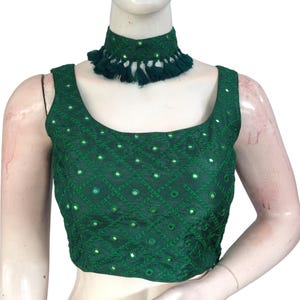 Green Saree Blouse, Designer Blouse USA, Foil Mirror Choli Top for Sarees