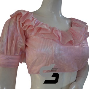 Pastel Pink Color Pre-Pleated Fabric With Frill Neckline and Puff Sleeves Readymade Saree Blouse