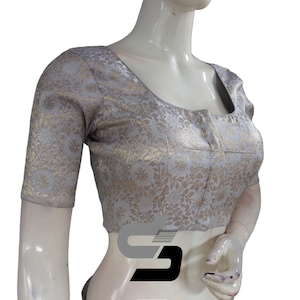 Grey Color Silver Mix Premium Brocade Silk Readymade Saree Blouse, Indian Readymade Blouse in USA