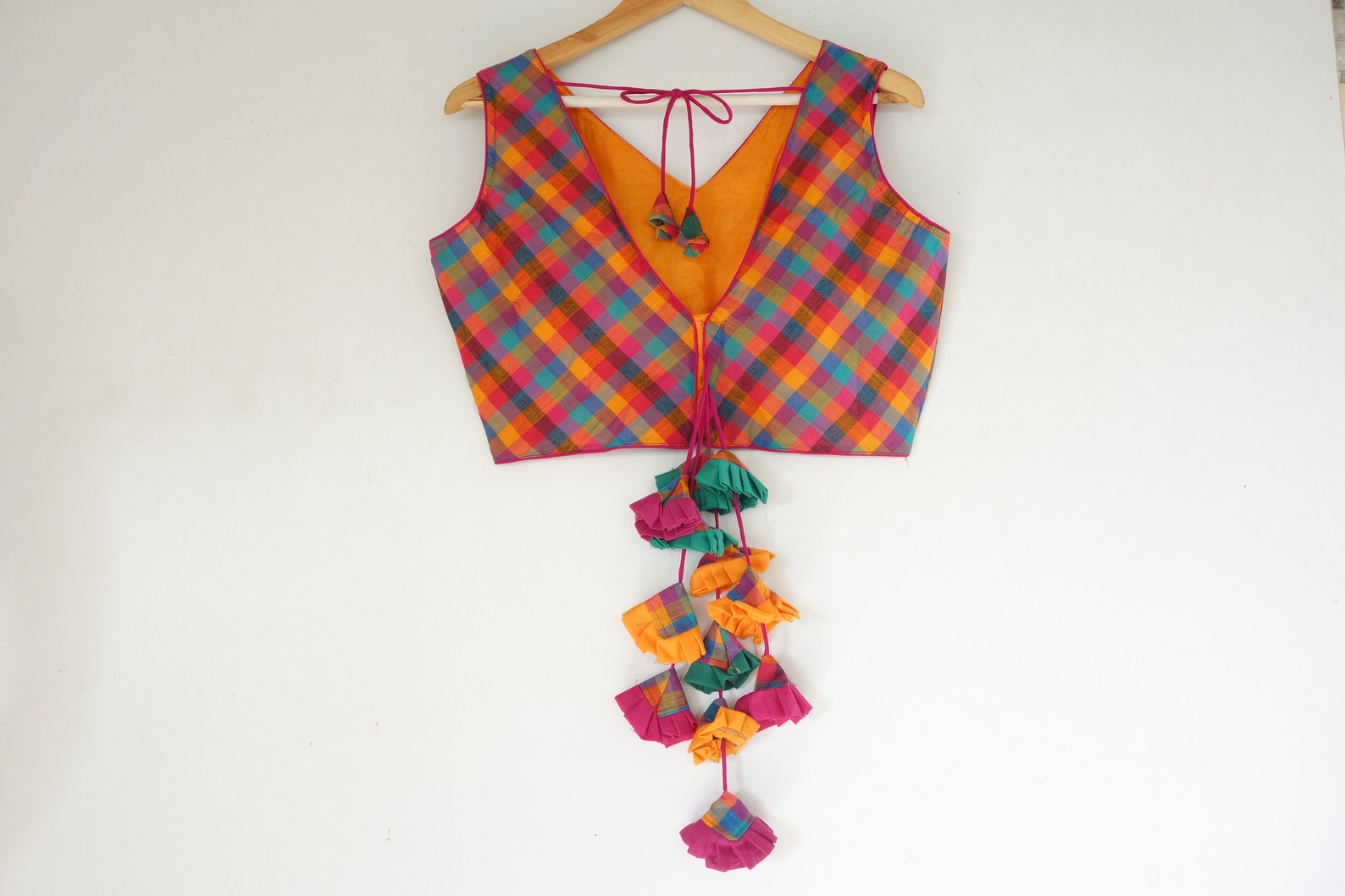 Cotton Checks Designer Readymade saree blouse With Tassels V | Etsy