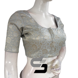 Grey Color Silver Mix Premium Brocade Silk Readymade Saree Blouse, Indian Readymade Blouse in USA