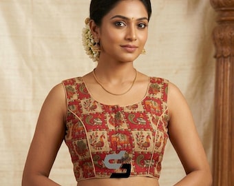 Beige Color Printed silk Sleeveless saree blouse, Indian   Readymade blouses in USA