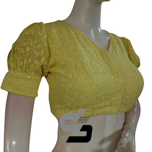 Yellow Color High Neck Chikankari Designer Readymade Saree Blouses With Puff Sleeves, Indian Designer Blouse in USA