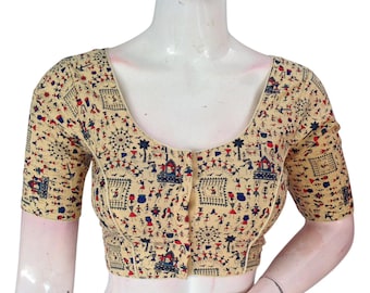 Printed Cotton Saree Blouse: Readymade Indian Top,Princess cut