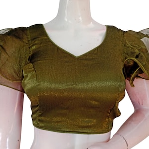 Olive Green Color Designer Organza Ruffle Sleeve Readymade Saree Blouse | USA