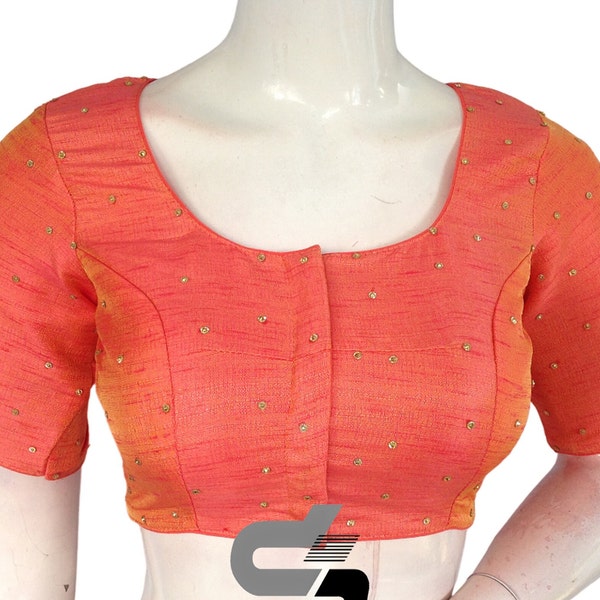 Peach Orange Color Plain Moti Stone Work Indian Saree Readymade Blouse, Indian Choli Top  in USA