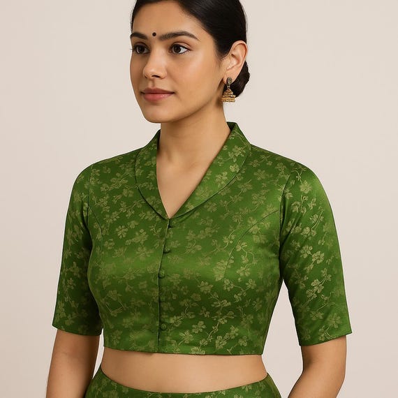 Brocade Collar Neck Floral Saree Blouse | Ready-to-wear Choli Top