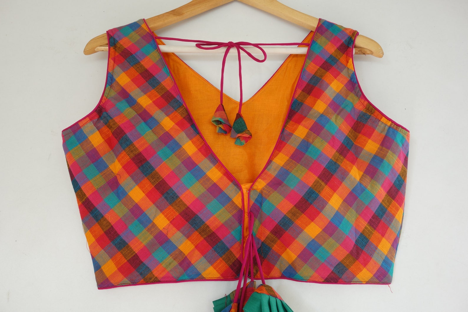 Cotton Checks Designer Readymade saree blouse With Tassels V | Etsy