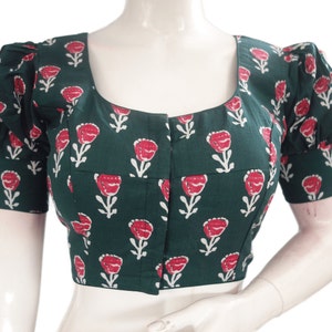 Green Color Cotton Designer Puff Sleeves Readymade Saree Blouse, Indian Choli Top in USA.