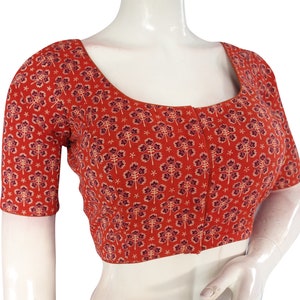 Terracotta Color Ajrakh Cotton Readymade Saree Blouse, Indian Choli top USA, Plus Size saree blouse