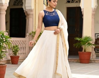 Navy Blue Floral Embossed Net Saree Blouse, Sleeveless Indian Choli,Princess cut