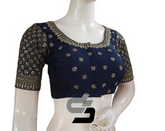 Navy Blue Color Saree Blouse, Semi Silk Designer Embroidery Readymade Blouse, IndianCholi Top USA