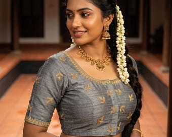Embroidered Saree Blouse: Semi Silk, Ready to Wear, Princess cut