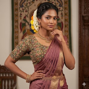 Puede incluir: Un sari malva con un borde ancho dorado combinado con una blusa verde con estampado de cachemira multicolor. El conjunto incluye un collar de oro, un cinturón dorado y una pila de brazaletes de oro, con flores blancas y amarillas en el pelo.