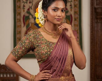 Tradition Meets Trends : Kalamkari Printed Cotton Ready made Saree Blouses | USA,Princess cut