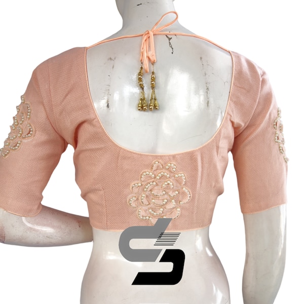 Peach Perfection: Designer Jute Embroidery Readymade Saree Blouses