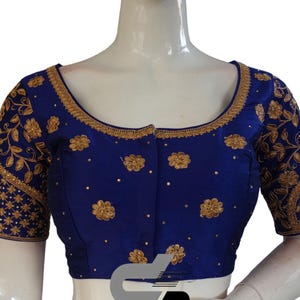 Royal Blue Color Semi Silk Designer Embroidery Saree Readymade Blouse | USA