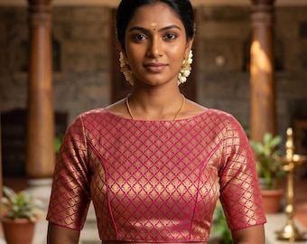Pink Brocade Silk Designer Saree Blouse, Boat Neck, Potli Button, Princess Cut