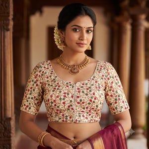 May include: A cream-coloured blouse featuring an intricate embroidered pattern of winding vines with small red and green leaves. The garment has a scoop neckline and elbow-length sleeves. It is paired with a gold necklace and gold bangles.