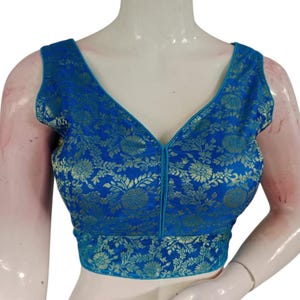 Serene Blue Traditional Banaras Silk Ready made Saree Blouse - USA
