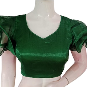 Groene designer sareeblouse van organza met ruches | Moderne Indiase choli | VS