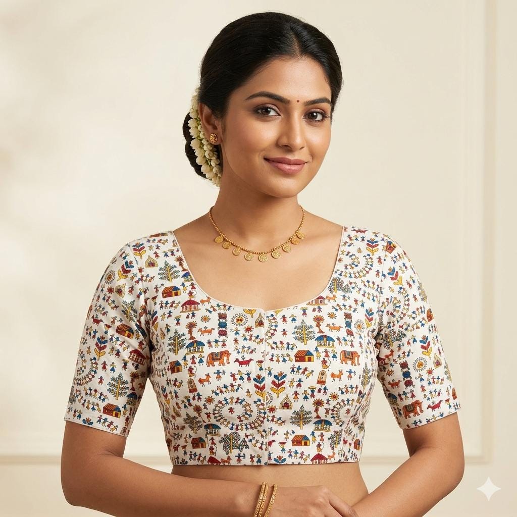 White Color Cotton Floral Printed Saree Blouse, Indian Readymade