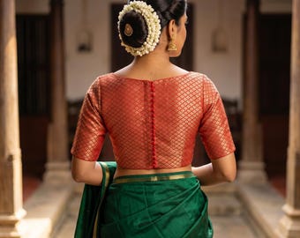 Red Brocade Silk Designer Saree Blouse, Boat Neck, Potli Button, Princess Cut