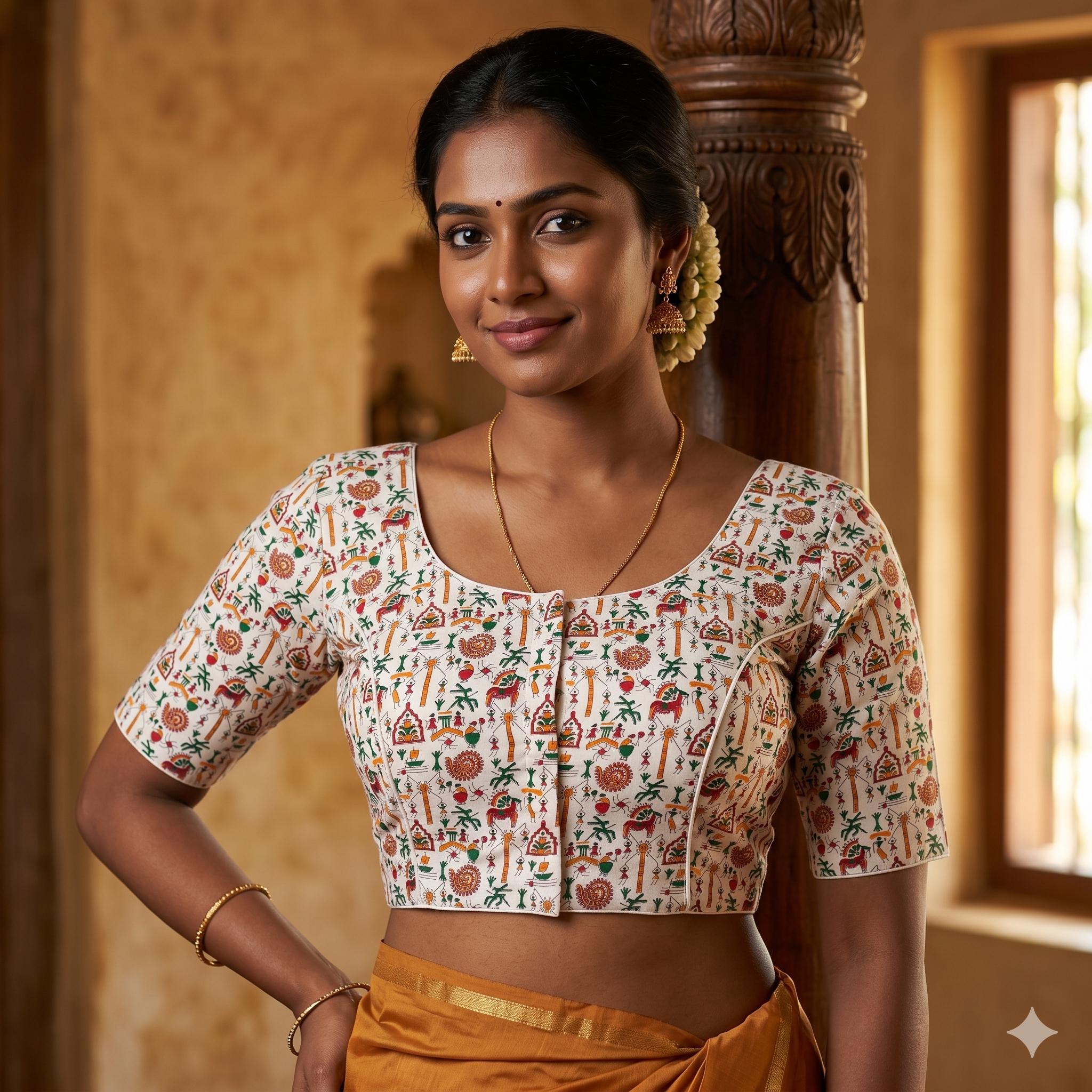 White Color Cotton Floral Saree Blouse, Indian Readymade Choli Top