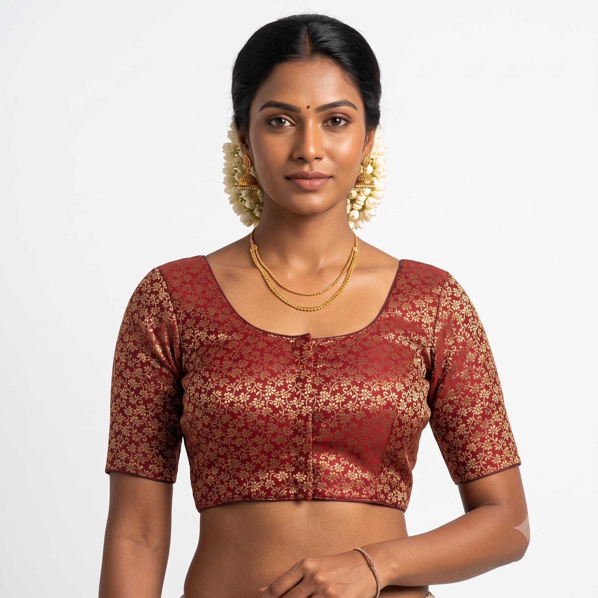 Brocade Silk Readymade Saree Blouse - Gold Floral (Plus Size Princess Cut)