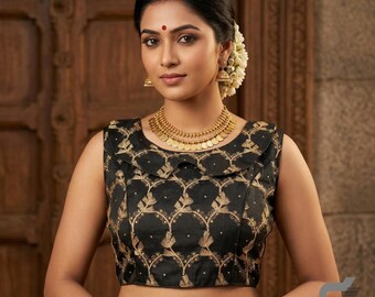 Black Floral Embroidered Saree Blouse - Boat Neck Party Wear,Princess cut