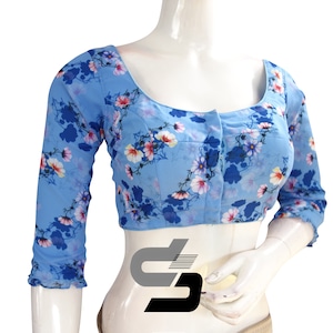 Blue Color Designer Organza 3/4th Sleeve Readymade Blouse for Sarees, Indian Designer Blouse in USA